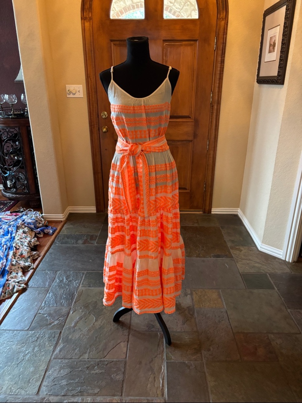 Sleeveless Orange Striped Maxi Dress with Tie Waist by Devotion Twins